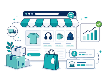 An ecommerce storefront screen with parcels, a shopping bag and margin chart