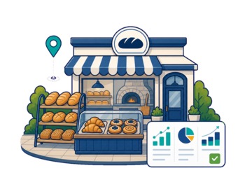 A bakery storefront with bread, pastries, an oven and a feasibility chart