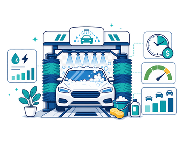 A car being washed beside a utilisation gauge and payback chart