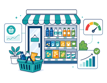 A convenience store shelf and basket with a margin gauge and small growth chart