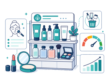 Cosmetic products and a compact beside a service gauge and small chart