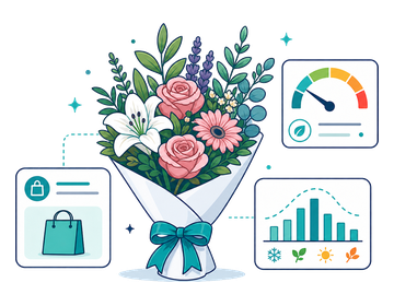 A bouquet of flowers beside an order chip and small feasibility gauge