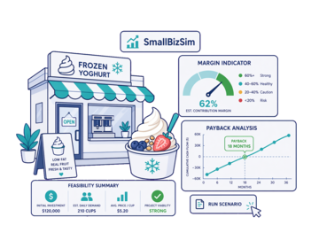 A Frozen Yoghurt Shop feasibility illustration with demand, margin and payback cues