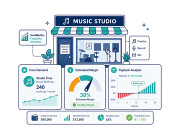 A Music Studio / Practice Rooms feasibility illustration with demand, margin and payback cues