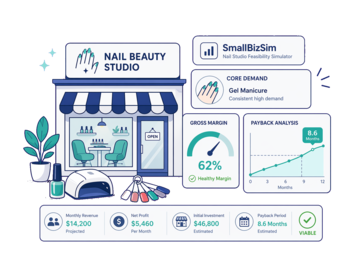A Nail Beauty Studio feasibility illustration with demand, margin and payback cues