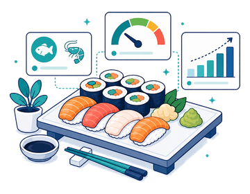 A sushi plate with chopsticks beside a cost gauge and small chart