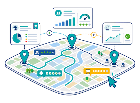 A map with three location pins each linked to a small feasibility metric