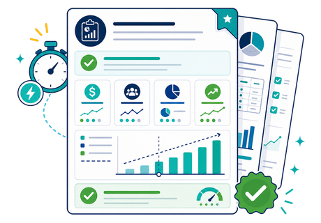 A feasibility report card with KPI tiles, a chart and a positive verdict badge