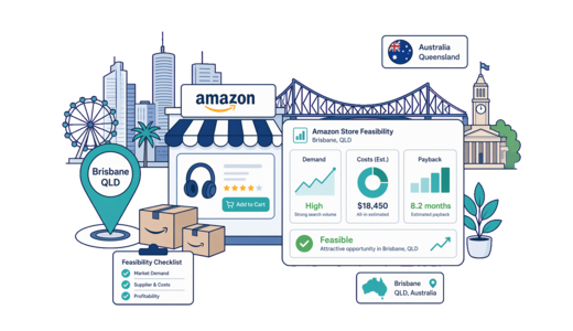 Amazon Online Store planning illustration for Brisbane with a map pin and feasibility dashboard