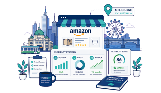 Amazon Online Store planning illustration for Melbourne with a map pin and feasibility dashboard
