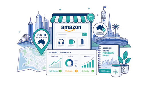 Amazon Online Store planning illustration for Perth with a map pin and feasibility dashboard