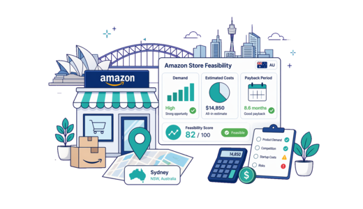 Amazon Online Store planning illustration for Sydney with a map pin and feasibility dashboard