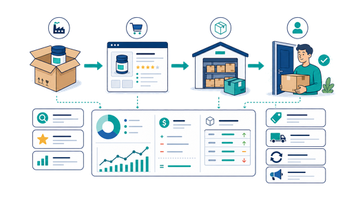 An ecommerce product flow from supplier to listing, fulfilment and delivery with fee and inventory metrics