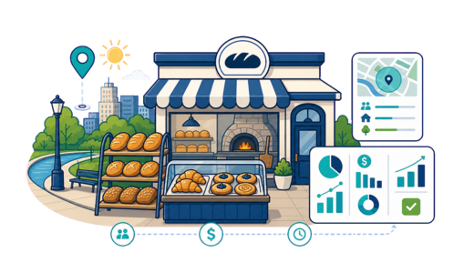 Bakery / Pastry Shop planning illustration for Adelaide with a map pin and feasibility dashboard