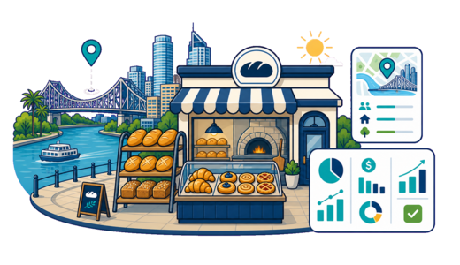 Bakery / Pastry Shop planning illustration for Brisbane with a map pin and feasibility dashboard