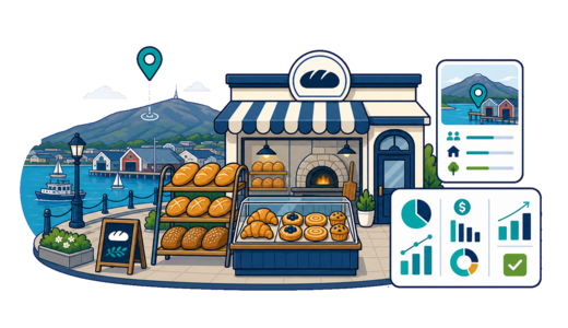 Bakery / Pastry Shop planning illustration for Hobart with a map pin and feasibility dashboard