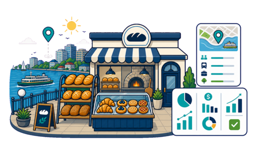 Bakery / Pastry Shop planning illustration for Sydney with a map pin and feasibility dashboard