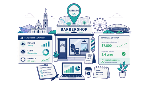 Barbershop planning illustration for Adelaide with a map pin and feasibility dashboard
