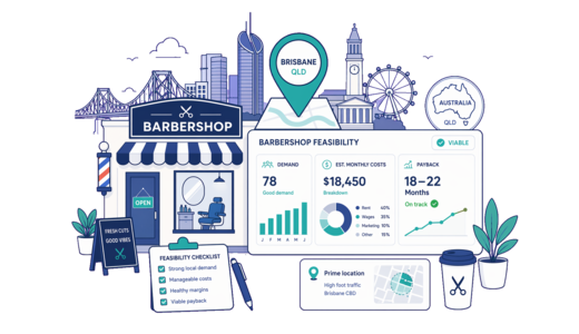Barbershop planning illustration for Brisbane with a map pin and feasibility dashboard
