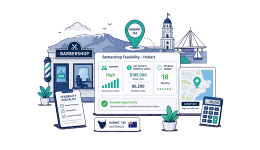 Barbershop planning illustration for Hobart with a map pin and feasibility dashboard