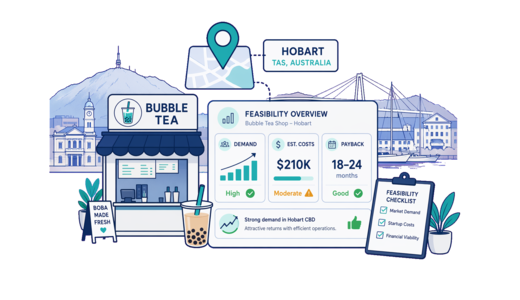 Bubble Tea Shop planning illustration for Hobart with a map pin and feasibility dashboard