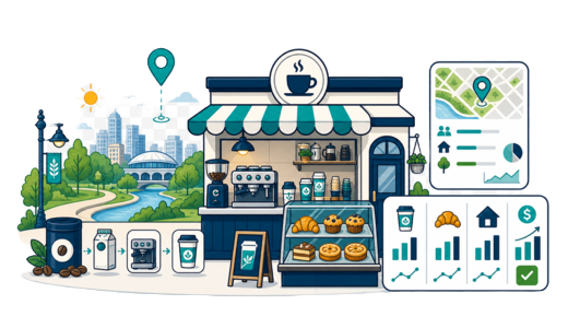 Café / Coffee Shop planning illustration for Adelaide with a map pin and feasibility dashboard