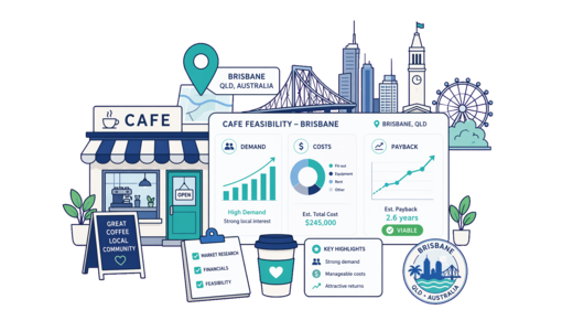 Café / Coffee Shop planning illustration for Brisbane with a map pin and feasibility dashboard