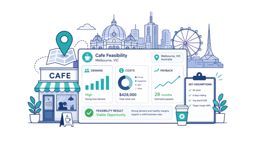 Café / Coffee Shop planning illustration for Melbourne with a map pin and feasibility dashboard
