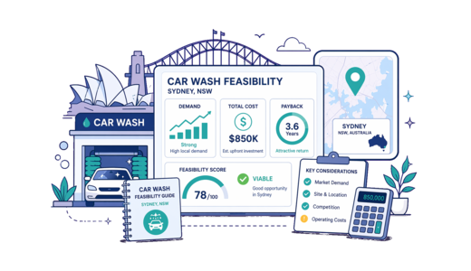 Car Wash planning illustration for Sydney with a map pin and feasibility dashboard