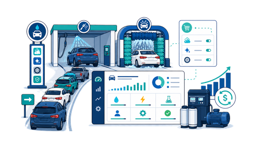 A car wash site with queued cars, wash bays and an operations cost dashboard