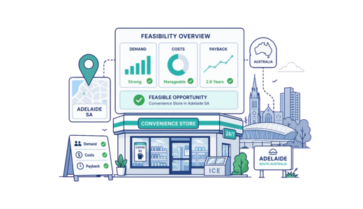 Convenience Store planning illustration for Adelaide with a map pin and feasibility dashboard