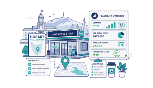 Convenience Store planning illustration for Hobart with a map pin and feasibility dashboard