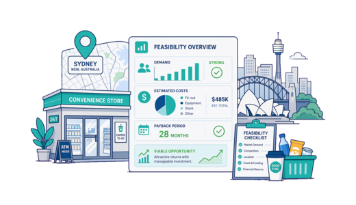 Convenience Store planning illustration for Sydney with a map pin and feasibility dashboard
