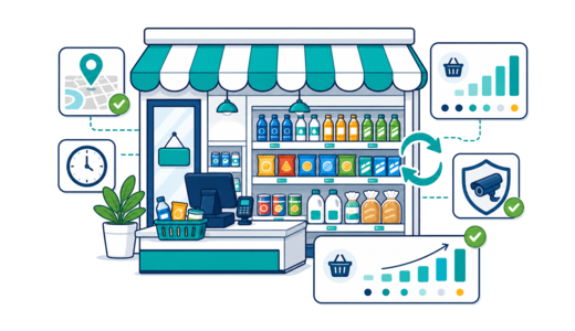 A convenience store with everyday shelves, checkout, stock-turn arrows and basket metrics