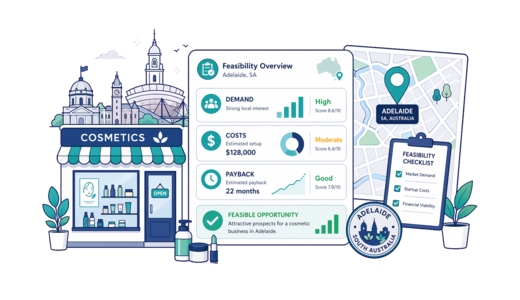 Cosmetic / Beauty Shop planning illustration for Adelaide with a map pin and feasibility dashboard