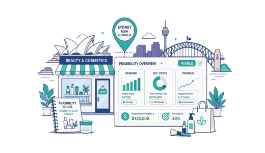 Cosmetic / Beauty Shop planning illustration for Sydney with a map pin and feasibility dashboard