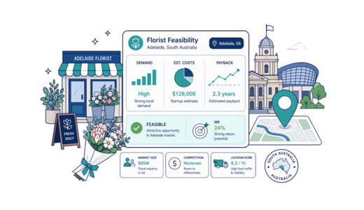 Florist planning illustration for Adelaide with a map pin and feasibility dashboard