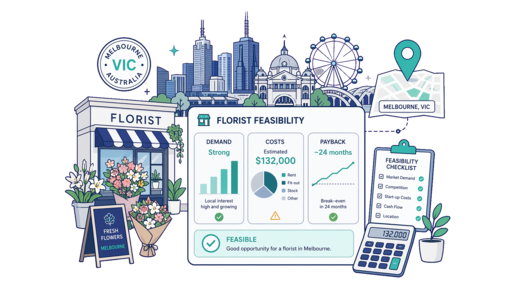 Florist planning illustration for Melbourne with a map pin and feasibility dashboard