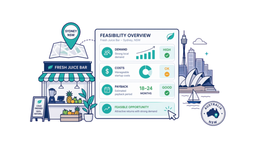 Fresh Juice Bar planning illustration for Sydney with a map pin and feasibility dashboard