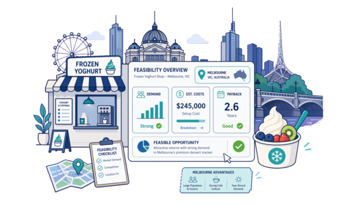 Frozen Yoghurt Shop planning illustration for Melbourne with a map pin and feasibility dashboard