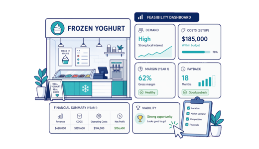 Frozen Yoghurt Shop guide overview with feasibility dashboard