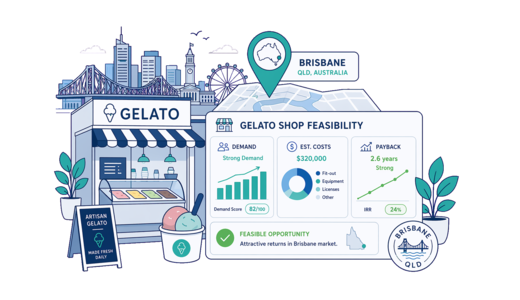 Gelato Shop planning illustration for Brisbane with a map pin and feasibility dashboard