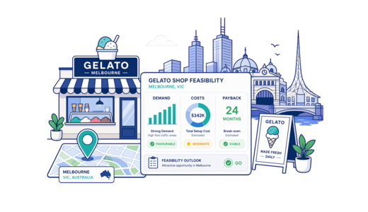 Gelato Shop planning illustration for Melbourne with a map pin and feasibility dashboard