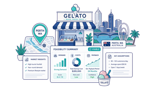Gelato Shop planning illustration for Perth with a map pin and feasibility dashboard