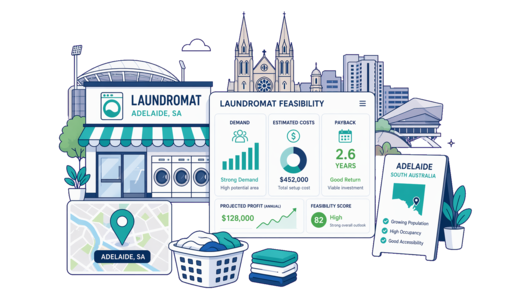 Laundromat planning illustration for Adelaide with a map pin and feasibility dashboard