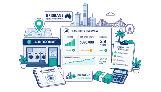 Laundromat planning illustration for Brisbane with a map pin and feasibility dashboard