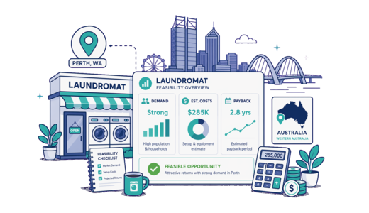 Laundromat planning illustration for Perth with a map pin and feasibility dashboard