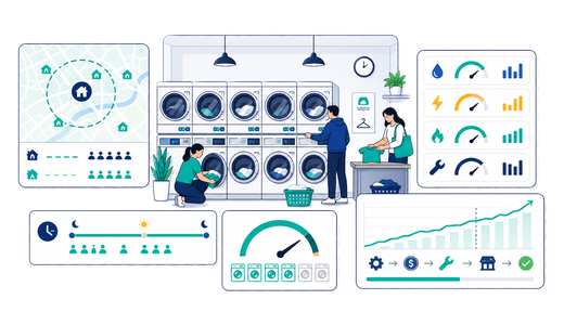 A clean laundromat with washers, dryers, utility meters and a payback dashboard
