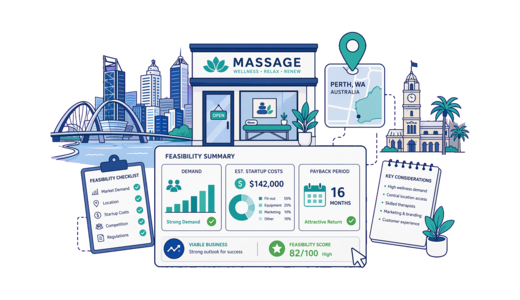 Massage Shop planning illustration for Perth with a map pin and feasibility dashboard