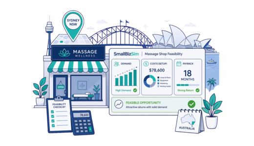 Massage Shop planning illustration for Sydney with a map pin and feasibility dashboard